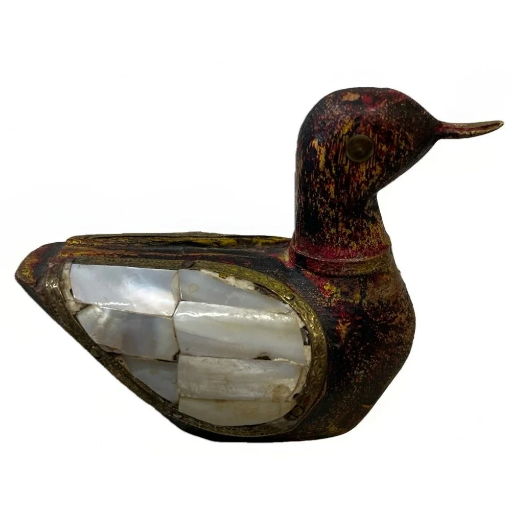 Vtg Set 2 Wood Handcarved Duck w/Brass & Pearl Decorative Inlays Charles Marcak